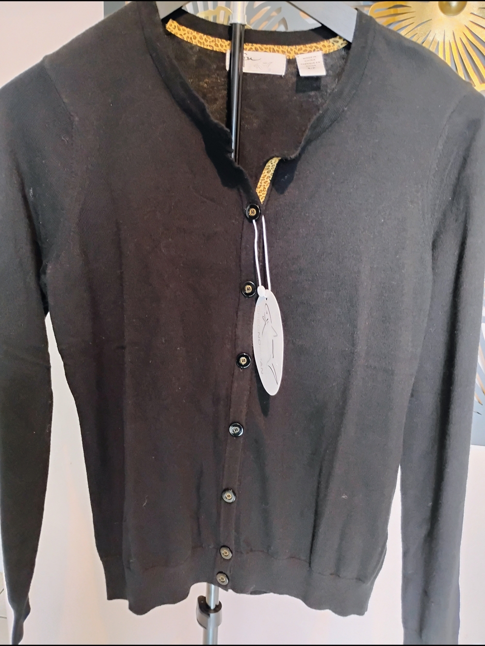 Greg Norman Women's Collection Size S. Black Cardigan with Leopard Trim Accent